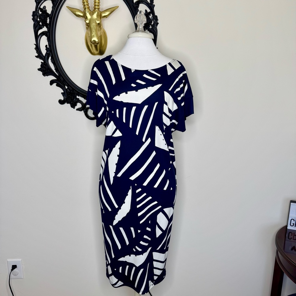 Lauren by Ralph Lauren Midi Navy and White Patterned Women's Short Sleeves Dress